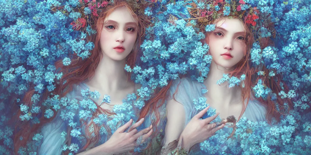 Image similar to breathtaking detailed concept art painting portrait of the hugs goddess of light blue flowers, carroty hair, orthodox saint, with anxious piercing eyes, ornate background, amalgamation of leaves and flowers, by hsiao - ron cheng, extremely moody lighting, 8 k