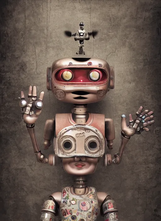 Image similar to closeup portrait of tin toy robot girl trap, depth of field, zeiss lens, detailed, symmetrical, centered, fashion photoshoot, by nicoletta ceccoli, mark ryden, lostfish, breathtaking, 8 k resolution, extremely detailed, beautiful, establishing shot, artistic, hyperrealistic, octane render