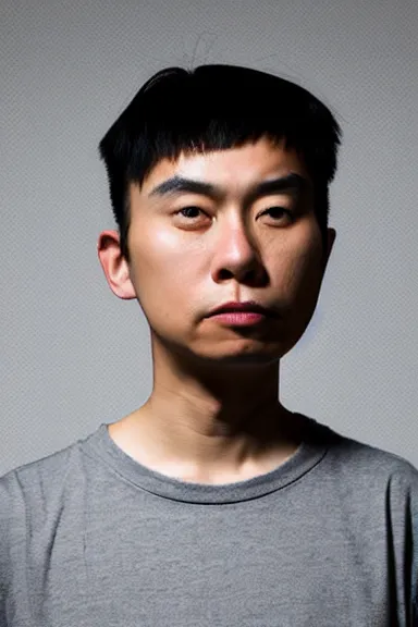 Prompt: portrait photo of a modern ( asian ) non - binary person wearing a dark shirt, upper body avatar, kodak portra 1 6 0, chiaroscuro lighting, stylized bold outline, striking colour, default pose neutral expression, face on head shot, closeup, eye contact, sharp focus, flat grey background, 4 k, volumetric, french nouveau, ultra detail