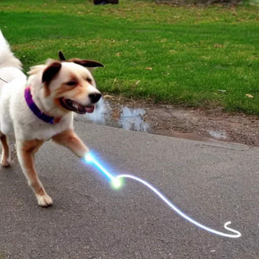 Image similar to enid the dog chasing a laser.