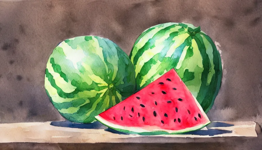 Prompt: watercolor painting of watermelon, bright, white table, white walls