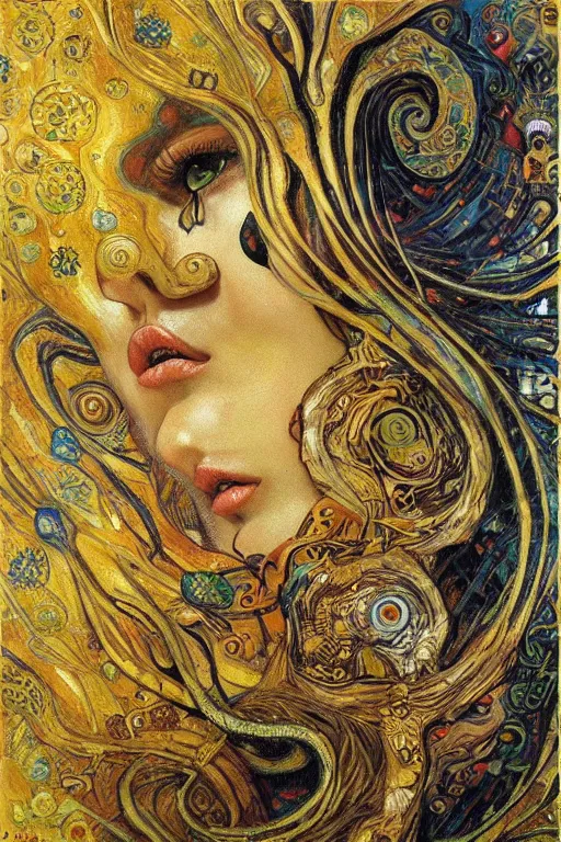 Prompt: Rebirth by Karol Bak, Jean Deville, Gustav Klimt, and Vincent Van Gogh, portrait of a sacred serpent, Surreality, otherworldly, fractal structures, arcane, ornate gilded medieval icon, third eye, spirals