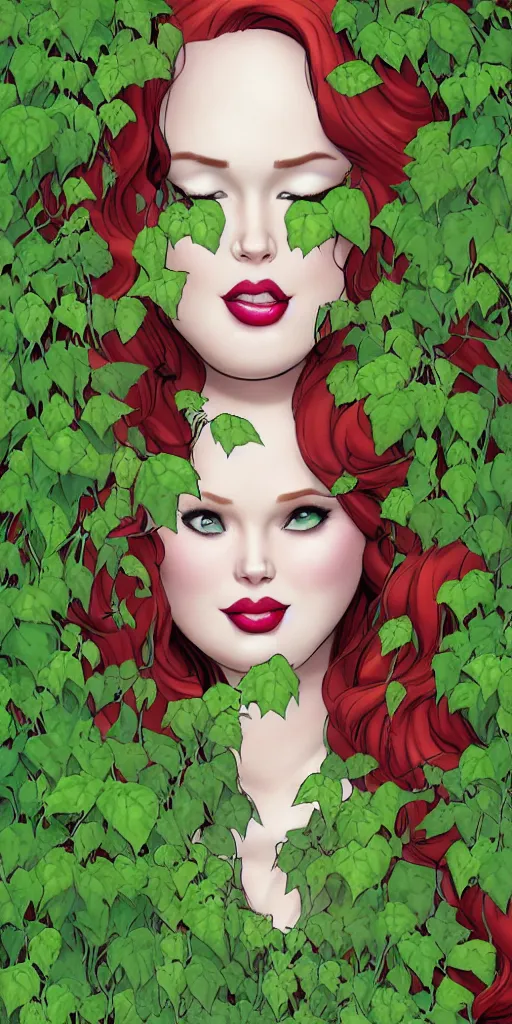 Image similar to beautiful obese 400-pound Madelaine Petsch poison ivy DC comics, evil smile, big round belly, realistic character concept, fun pose, comic book, illustration, symmetrical face and body, surrounded by vines and plants, artstation, cinematic lighting, hyperdetailed, high resolution, Charlie Bowater, Tom Bagshaw, single face, insanely detailed and intricate, beautiful