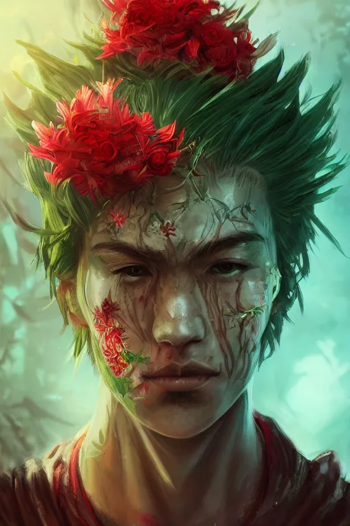 Image similar to portrait of beautiful young man, warhammer, japanic style, cyberpunk, a lot of scars, more and more flowers, green head, sun side, some red water, the middle ages, highly detailed, artstation, illustration, artgerm sylvari portrait, 8 k quality