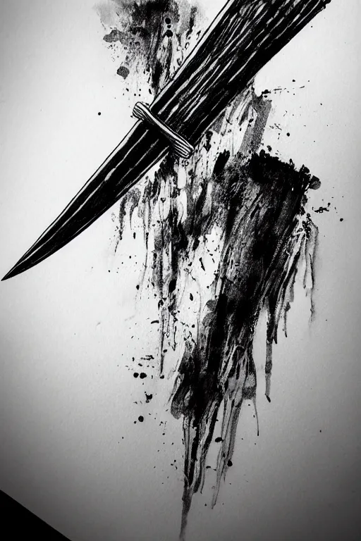 Image similar to intricate, realistic ink drawing of a katana sword in a splash of ink, centered, fully visible 8 k