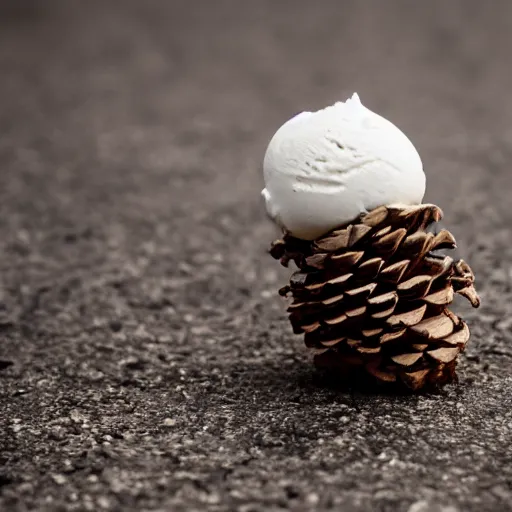 Image similar to a photograph of a levitating ice cream cone, with a pine cone in place of ice cream. shallow depth - of - field.