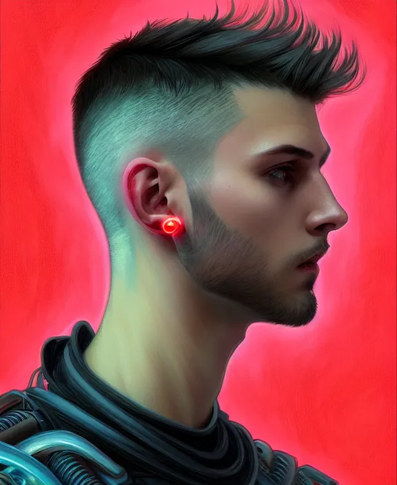 Prompt: a whirlwind inside the metaverse, guy, male, man, machine face, fashionable haircut, piercing, half body, neurochip, android, cyberpunk face, by loish, d & d, fantasy, intricate, elegant, highly detailed, colorful, digital painting, artstation, concept art, art by artgerm and greg rutkowski and alphonse mucha