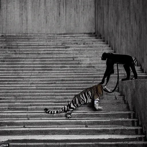 Image similar to a figure ties their shoelaces in a vast empty landscape on stairs next to a tiger catching a deer