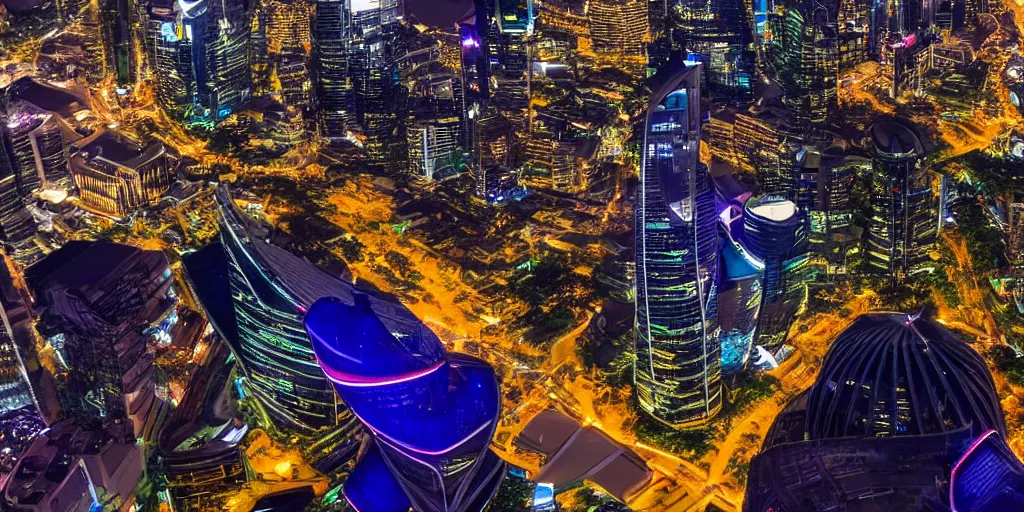 Image similar to futuristic singapour view at night from a plane, hdr