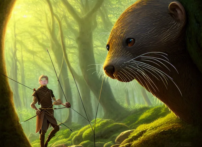Image similar to a film still portrait of an otter elven archer, finely detailed features, cinematic lighting, perfect art, redwall woodland, forest, intricate, anime, gapmoe grimdark, artstation, trending on pixiv fanbox, painted by brian jacques greg rutkowski, studio ghibli, 4 k