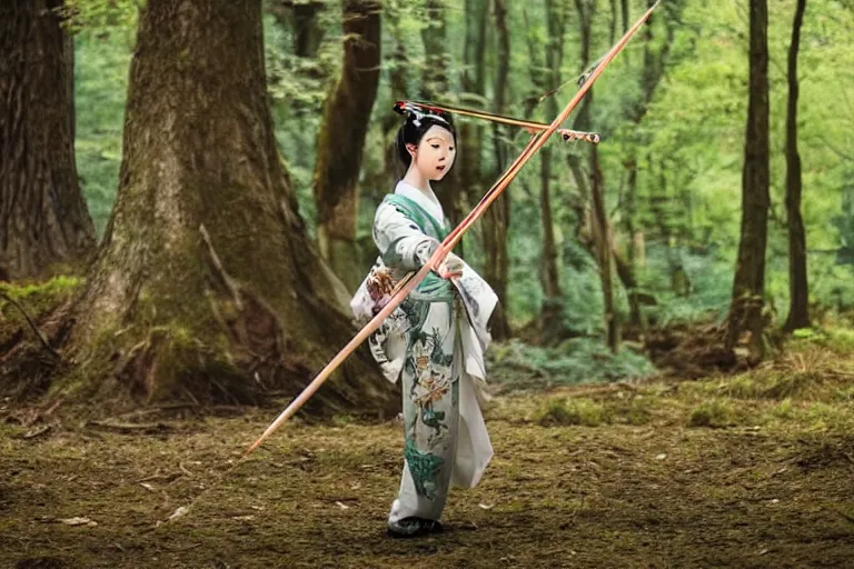 Image similar to beautiful photo of a young modern geisha archer, practising her aim in a forest, mid action, symmetrical face, beautiful eyes, huge oversized sword, award winning photo, muted pastels, action photography, 1 / 1 2 5 shutter speed, dramatic lighting, anime set style