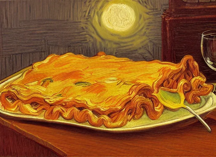 Image similar to detailed realistic realism painting of garfield eating lasagna at dusk, in the style of vincent van gogh and salvador dali and leonardo da vinci