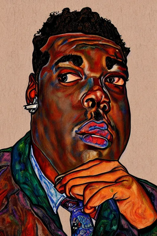 Image similar to a portrait of biggie small in style of egon schiele, masterpiece, hyperdetailed, complex, intricate, 4 k, trending on artstation