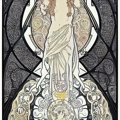 Image similar to a scifi line art pattern by alphonse mucha