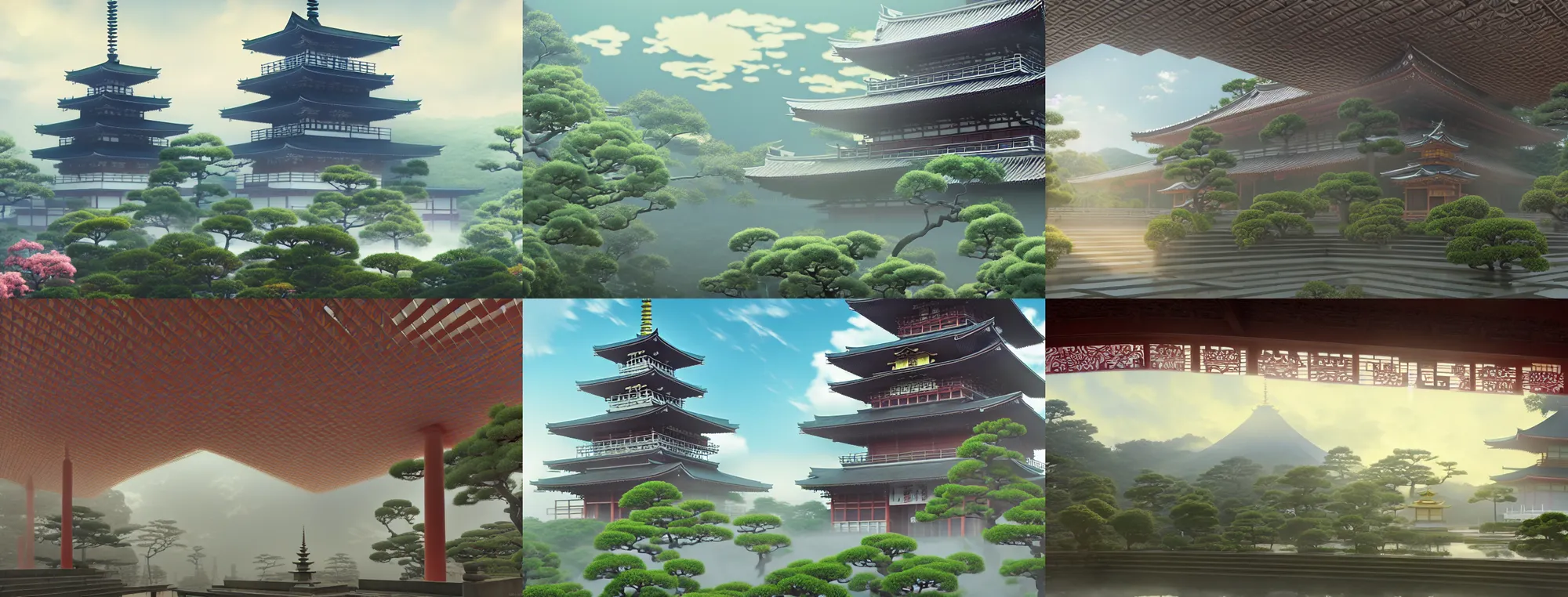 Prompt: misty clouds, japanese buddhist temple. hyper detailed, architectural concept, full building, dynamic angle, intricate, lineart, cerpuscular rays, lily flowers. by yoshitaka amano, alfons mucha and makoto shinkai. 8 k