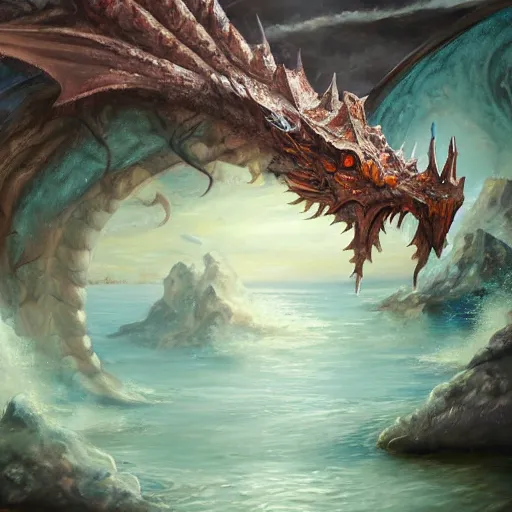 Image similar to highly detailed oil painting of a western dragon emerging from a hotspring, fantasy, featured on artstation