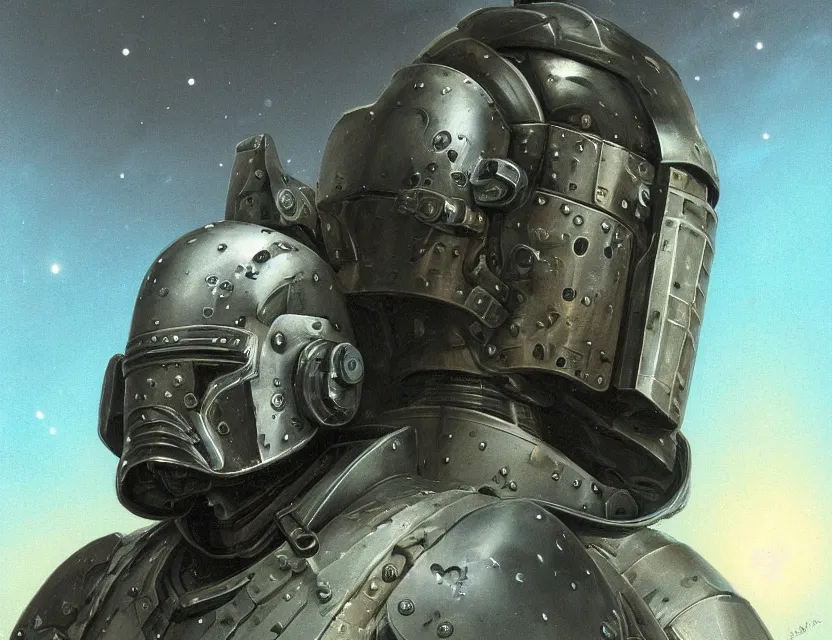 Prompt: a detailed portrait painting of a lone bounty hunter wearing combat armour and a reflective visor. Dieselpunk elements. Movie scene, cinematic sci-fi scene. Flight suit, cloth and metal, accurate anatomy. Samurai influence, knight influence. fencing armour. portrait symmetrical and science fiction theme with lightning, aurora lighting. clouds and stars. Futurism by moebius beksinski carl spitzweg moebius and tuomas korpi. baroque elements. baroque element. intricate artwork by caravaggio. Oil painting. Trending on artstation. 8k