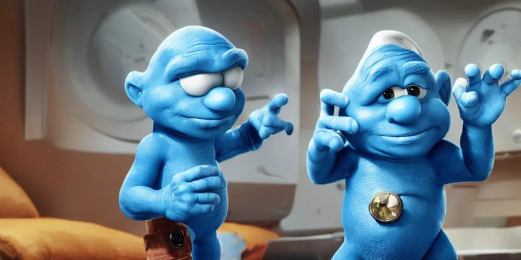 Image similar to a 3 d rendered movie still, a smurf descendant 1 million into the future. the smurf is sentient, wears a spacesuit, and explores cosmos in a super awesome space ship. science fiction blockbuster movie smurfs rule the world or my stepmom is a smurf from the future, imax 7 0 mm. the mandalorian ( american space western )