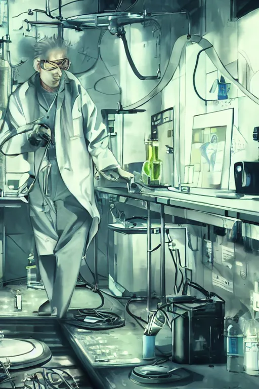 Image similar to a mad scientist mixing dangerous radioactive chemicals on a laboratory, wlop, trending on artstation, deviantart, anime key visual, official media, professional art, 8 k uhd