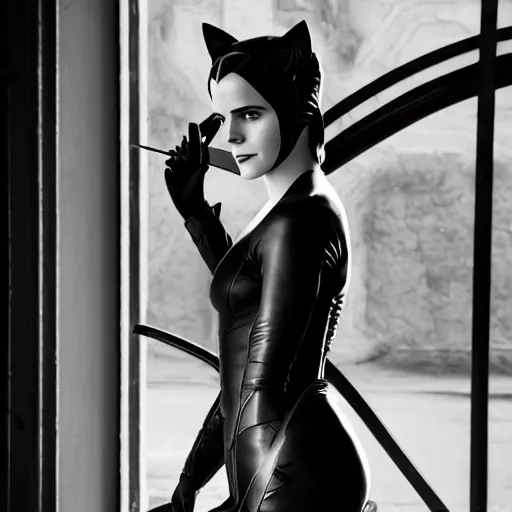 Image similar to Emma Watson as Catwoman, XF IQ4, f/1.4, ISO 200, 1/160s, Adobe Photoshop, Adobe Lightroom, DxO Photolab, polarizing filter, Sense of Depth, AI enhanced, HDR, in-frame