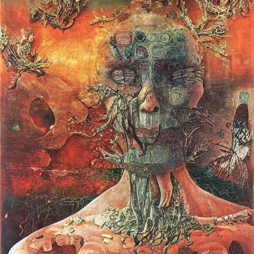 Image similar to an oil painting by botticelli, by arcimboldo, by yoshitaka amano, by beksinski seen through a kaleidoscope, detailed, high resolution