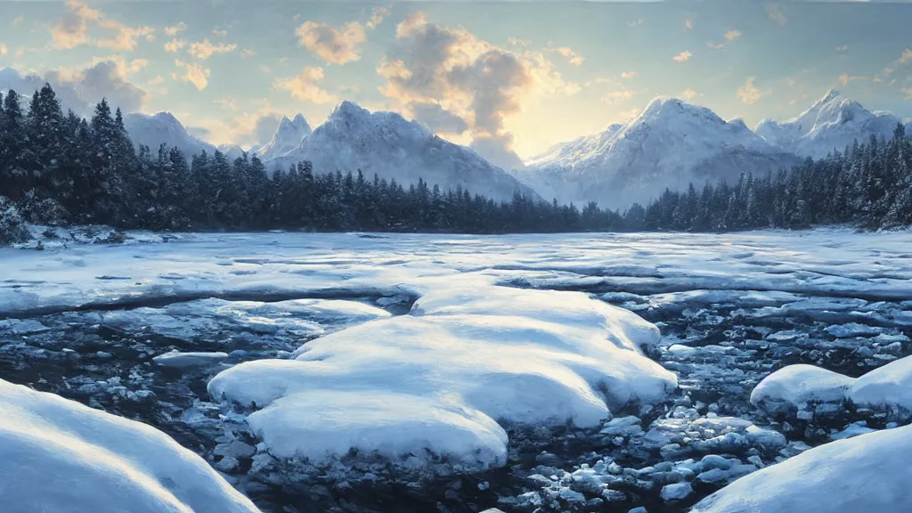 Image similar to the most beautiful panoramic landscape, oil painting, snowy mountains and a frozen river, clouds, cinematic lighting, highly detailed, very realistic