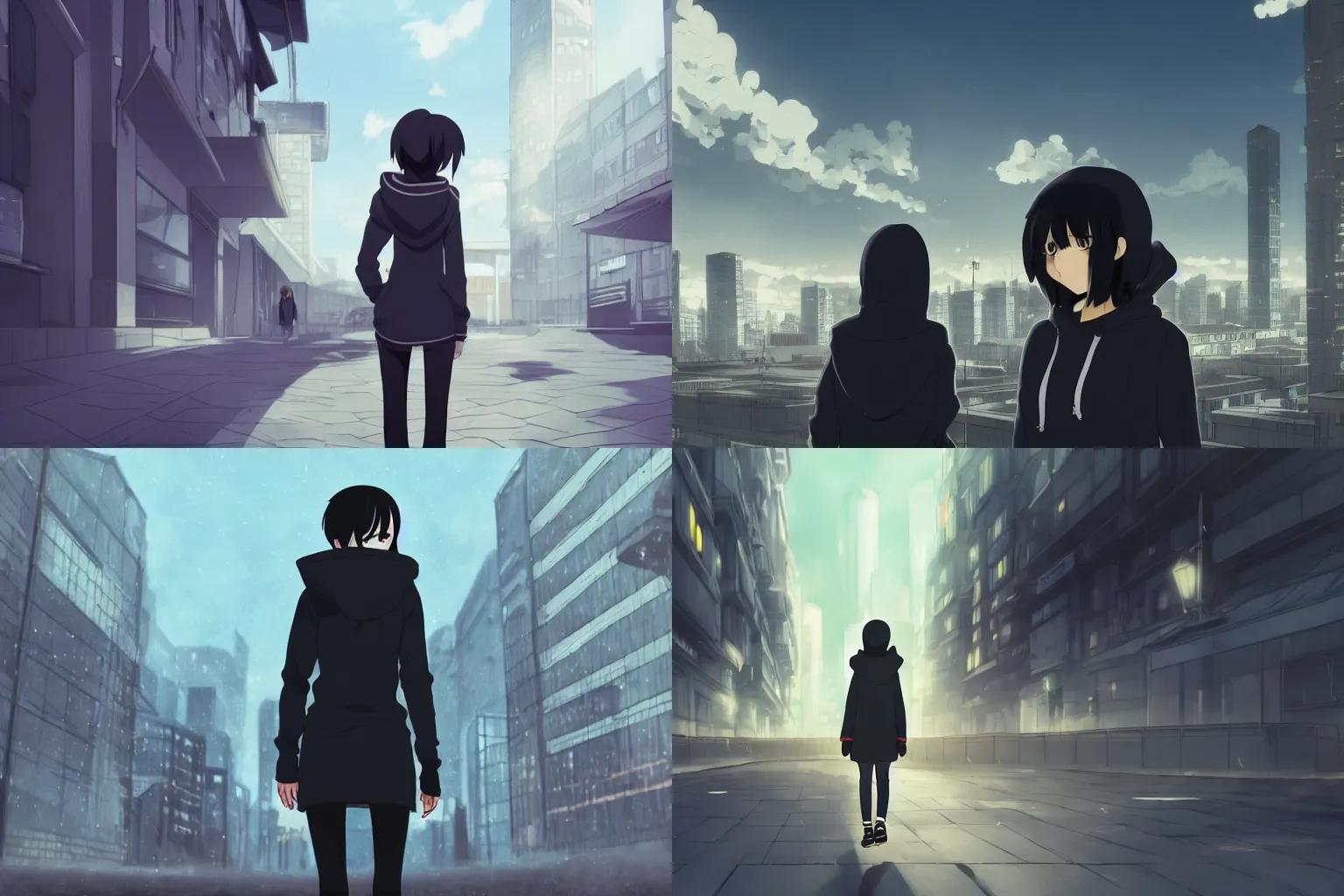 Prompt: infinitely detailed black haired girl wearing hoodie, city bright daylight background, anime by shinkai makoto, highly detailed, lonely scenery yet peaceful, atmospheric, ambient lighting