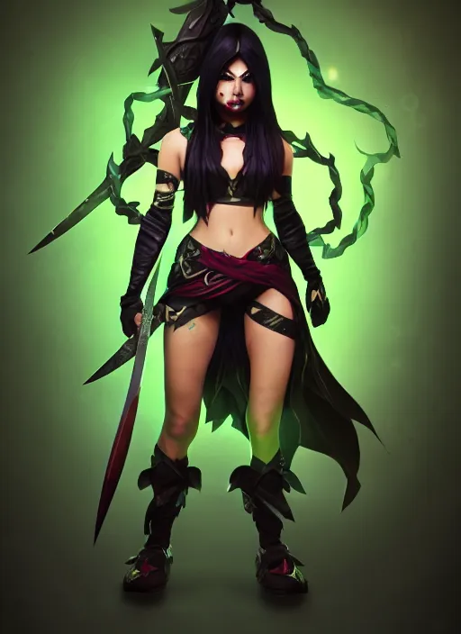 Prompt: dark akali, from league of legends, holding green daggers, ninja costume, hyper detailed, digital art, trending in artstation, cinematic lighting, studio quality, smooth render, unreal engine 5 rendered, octane rendered, art style by klimt and nixeu and ian sprigger and wlop and krenz cushart