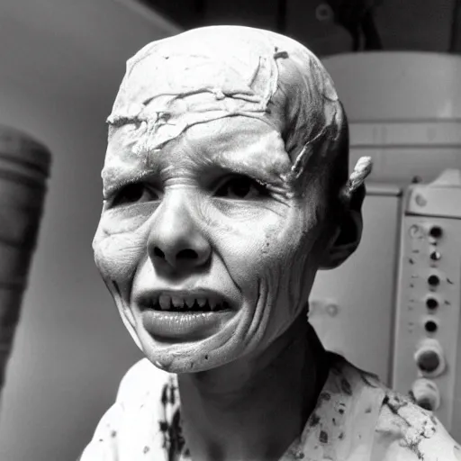 Prompt: real life sentient and composed irradiated person with acute radiation sickness flaking, melting, rotting skin 1950s nuclear wasteland black and white award winning photo highly detailed, highly in focus, highly life-like, facial closeup taken on Arriflex 35 II, by stanley kubrick