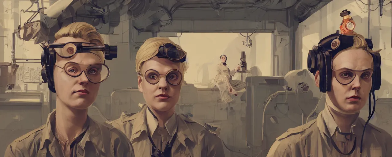 Prompt: illustration 3 / 4 portrait of stoic heroic emotionless butch blonde woman engineer with short slicked - back hair, wearing victorian goggles, no makeup, awkward and uncomfortable and anxious, dirty, dynamic composition by sachin teng and sergey kolesov and ron cobb. industrial space program, scifi, hyper detailed. octane render. concept art. trending on artstation