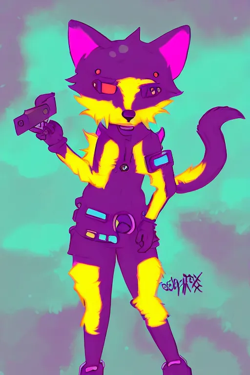 Image similar to a cute cyberpunk anthropomorphic fox with purple fur and yellow eyes and a fluffy tail, comic art, trending on furaffinity, cartoon, kawaii, backlighting, furry art!!!, cel shading, concept art, lineless