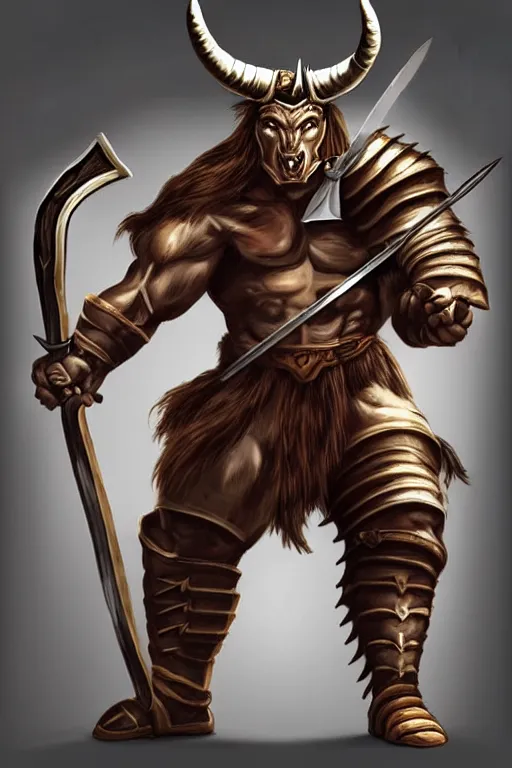 Prompt: Giant horned minotaur warrior wielding a sword and shield, leather armor, full body, muscular, dungeons and dragons, high quality, digital painting