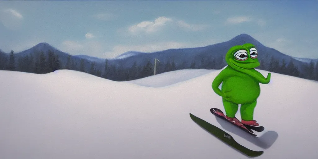 Prompt: pepe the frog snowboarding, gloomy landscape, oil painting by christopher radlund