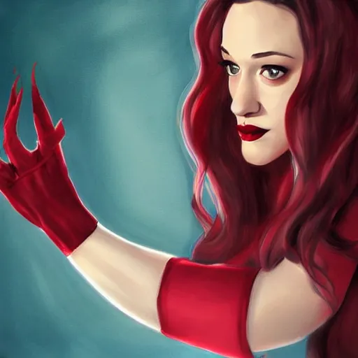 Image similar to Kat Dennings as Scarlet Witch, artist Kenny Tham