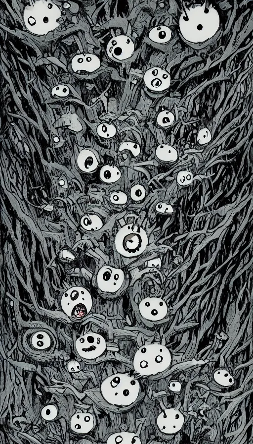 Image similar to a storm vortex made of many demonic eyes and teeth over a forest, by studio ghibli