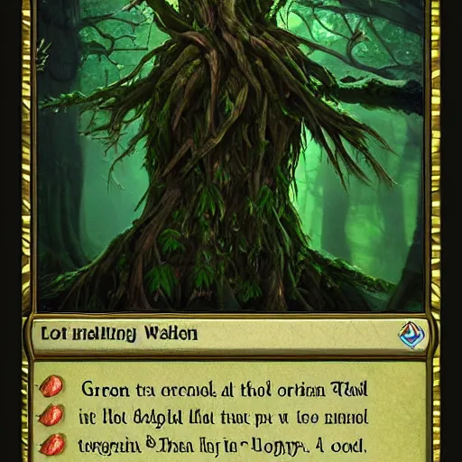 Prompt: green old treant, treant made of leaves and roots, old tree, old humanoid ents, epic fantasy style, green theme, forest background, hearthstone artwork