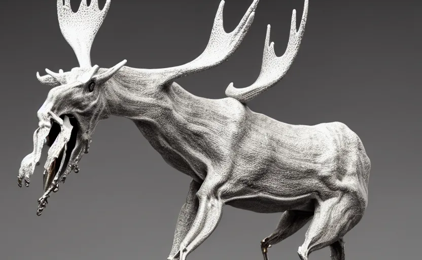 Image similar to stylized shiny polished silver statue full body extra limbs bizarre cosmic horror quadruped animal moose deer skull four legs made of marble of slug creature tendrils, perfect symmetrical body, perfect symmetrical face, hyper realistic, hyper detailed, by johannen voss, by michelangelo, octane render, blender, 8 k, displayed in pure white studio room austere