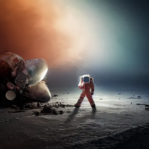 Prompt: a female astronaut stood in front of a crashed spacecraft, at dawn, in a dramatic dark stone landscape, raining, mist, cinematic lighting, photo real, ultra detailed