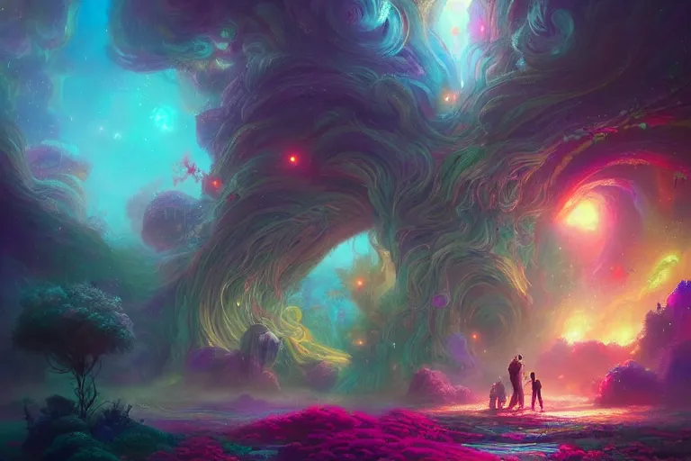 Image similar to a psychedelic realm made entirely out of love and acceptance, astral beings sharing love!!!!, in the style of greg rutkowski! and wlop and lisa frank! and bob ross!!! and ruan jia, illustration, epic, fantasy, hyper detailed, smooth, unreal engine, sharp focus, ray tracing