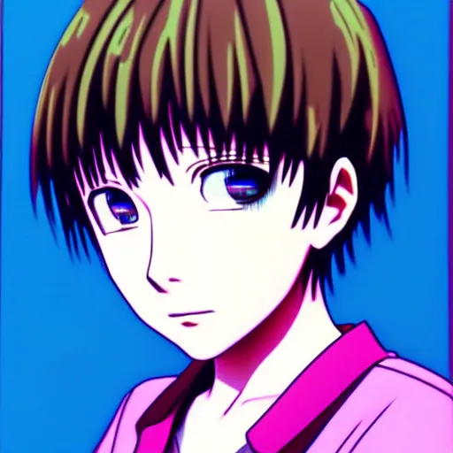 Prompt: headshot anime portrait of lain iwakura, vaporwave