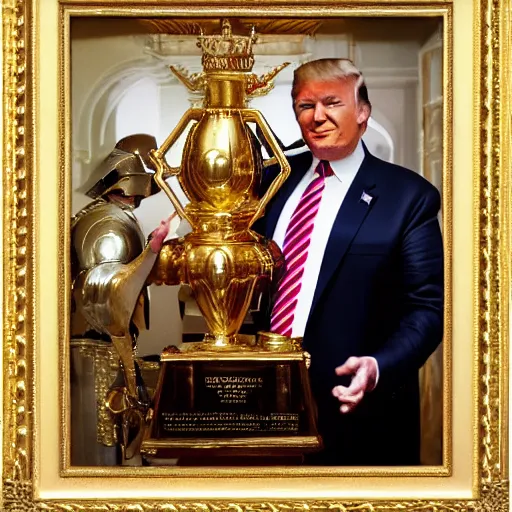 Prompt: donald trump, wearing knights armor, holding a big golden broadsword, by hans holdein, donald trumps handsome face