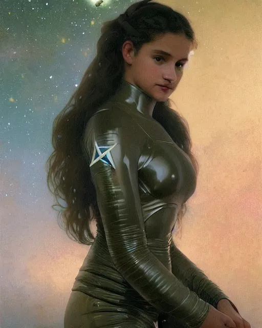 Prompt: a portrait painting of a shy, blushing 1 6 - year old astronaut resembling alicia vikander wearing a skintight spacesuit at night with a sky full of stars, intricate, elegant, highly detailed, artstation, concept art, by krenz cushart and artem demura and william adolph bouguereau and alphonse mucha