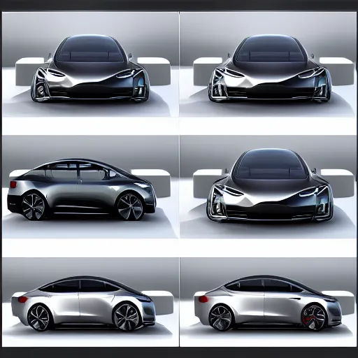 Prompt: 3 d render of a tesla from different angles in 6 different grids