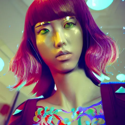 Image similar to Japanese model with maximalist hair style and makeup, bright colors, fashion model, unreal engine octane, red and white, portrait, gliter, depth of field, 8k, hyper detailed, intricate, trending on artstation