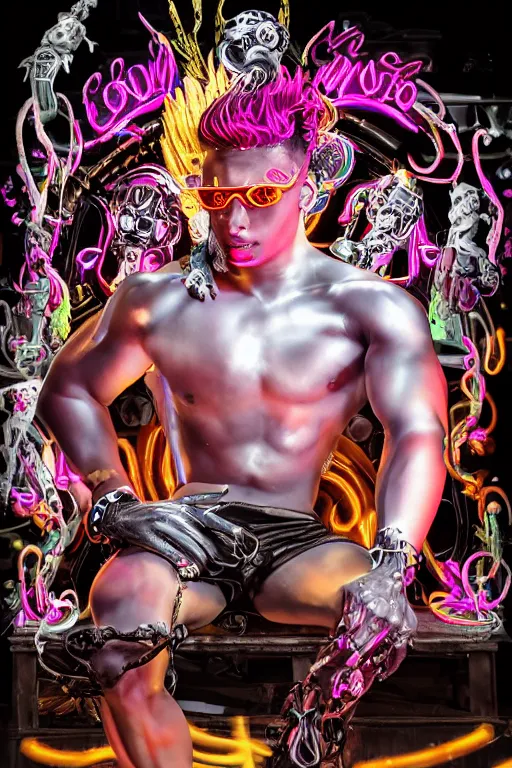 Prompt: full-body rococo and cyberpunk style neon statue of a muscular attractive Ekko wearing cholo shades macho dotado e rico android sim roupa reclining con las piernas abertas e la piroca dura, ethereal white dripping tar, glowing orange lasers, pink tigers, glowing eyes, silver prince crown, black gears, pink diamonds, swirling mint-colored silk fabric. futuristic elements. full-length view. human skulls. large intricate artwork by caravaggio. Trending on artstation, octane render, cinematic lighting from the right, hyper realism, octane render, 8k, depth of field, 3D