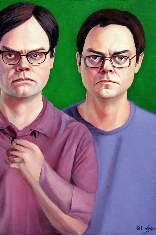 Prompt: portrait painting of dwight schrute and joe lo truglio, in the style of felice casorati