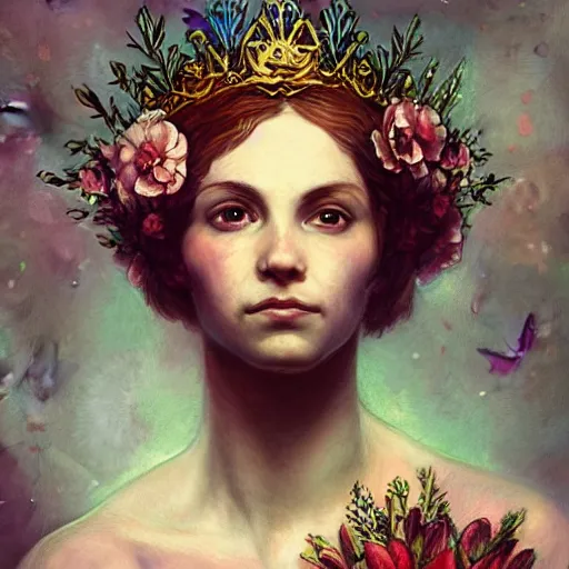 Prompt: flower queen, by annie swynnerton and tino rodriguez and charlie bowater, dramatic lighting, floral tattoos, rich colors, smooth sharp focus, extremely detailed, adolf wolfli