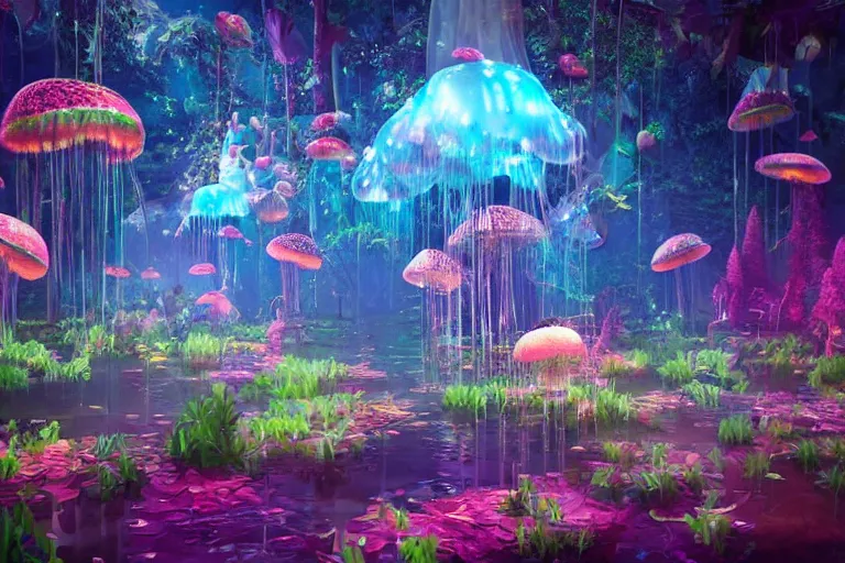 Image similar to An enchanted fantasy forest. Floating jellyfish. Colorful. Cinematic lighting. Photorealism.