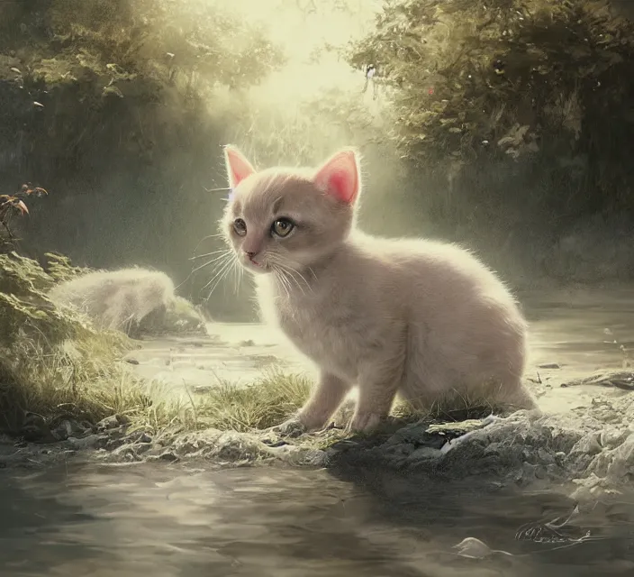 Prompt: a painting of a cute light beige brown kitten at a river. fur pattern. character design by cory loftis, fenghua zhong, ryohei hase, ismail inceoglu and ruan jia. volumetric light, detailed, rendered in octane