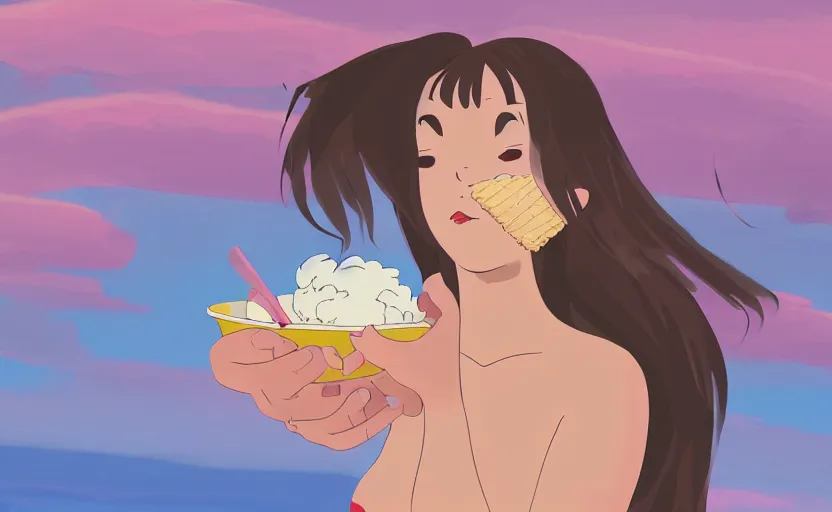 Prompt: a woman eating a vanilla ice cream cone and wearing a bikini, a Studio Ghibli style scene, digital art, 4k